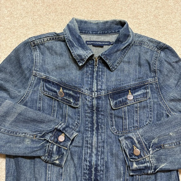Vtg Ralph Lauren Sport Denim Jacket Womens Medium Blue Full Zip Trucker Western - Picture 9 of 16